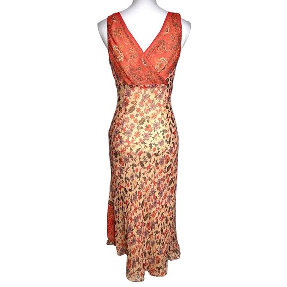 Vintage Y2K Silk Fairy Dress 6 Orange Floral Tiered Faux Wrap  Midi Maggy London - Picture 4 of 9